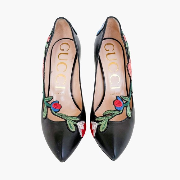 Gucci Ophelia Floral-Embroidered Pump EU 38 US 8 Black Leather High Heel Pointed - Picture 2 of 15